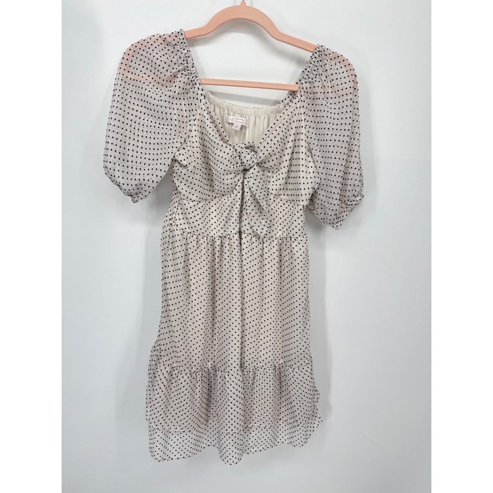 LC Lauren Conrad Mini Dress Women XS Cream Polka Dot Puff Sleeve Tie Front Smock